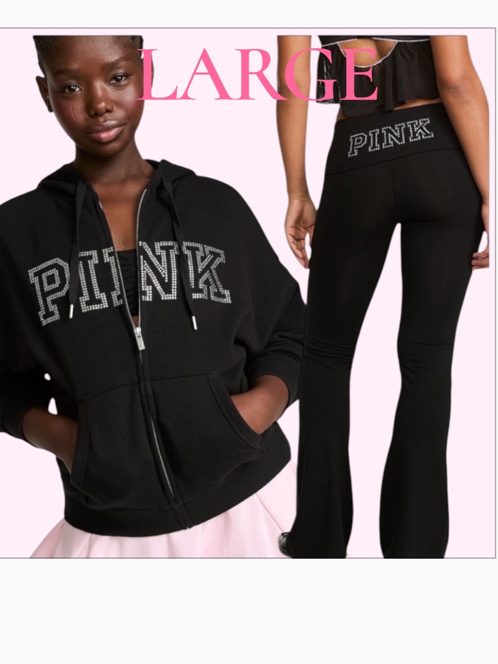 PINK Large Pure Black Diamanté Full Zip Hoodie & Diamanté Flare Leggings